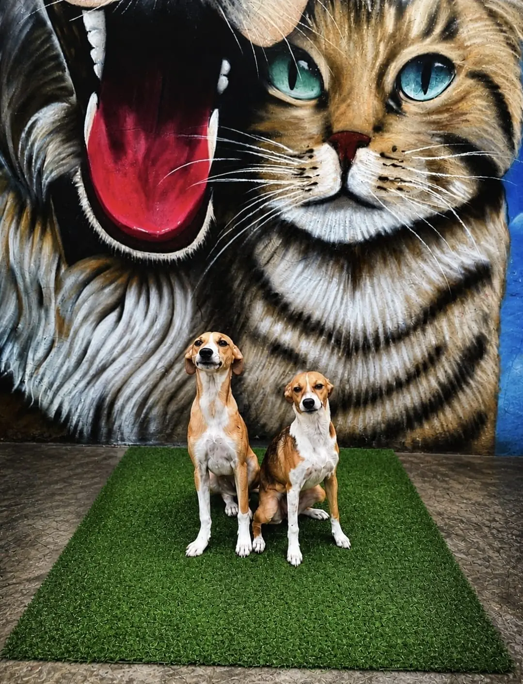 Dois cães sentados diante do mural colorido do abrigo