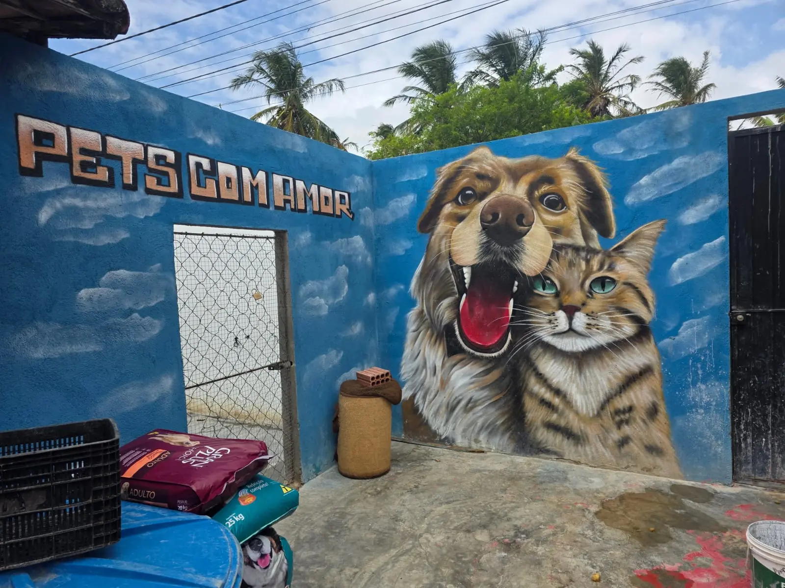 Mural Pets com Amor na fachada do abrigo, com sacos de ração